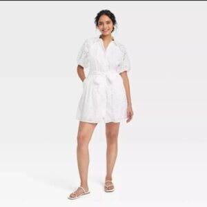 A New Day White Eyelet Balloon Elbow Sleeve Shirt Dress